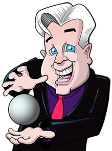 Cartoon caricature of Magic Guy conjuring a glowing crystal ball